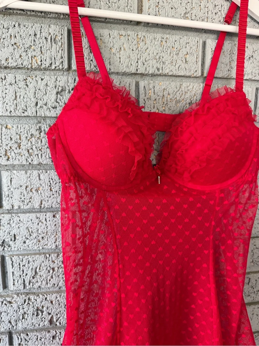 Vintage Sheer Ruffle Mesh Babydoll Slip Dress Chemise Red Size Medium